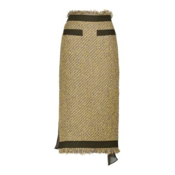 条纹羊毛混纺铅笔中长半身裙