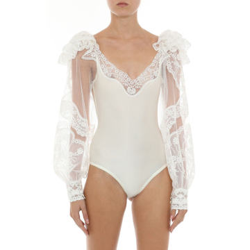 Lace-Sleeve Floral-Print Lycra Bodysuit