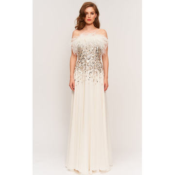 Pearl Feather-Trimmed Beaded Chiffon Gown