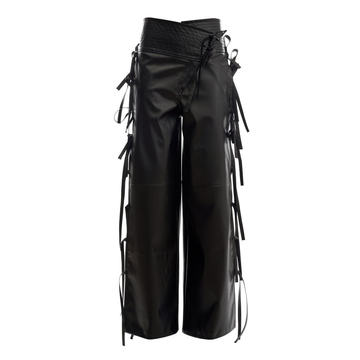 Tie-Fastening Faux Leather Wide-Leg Pants