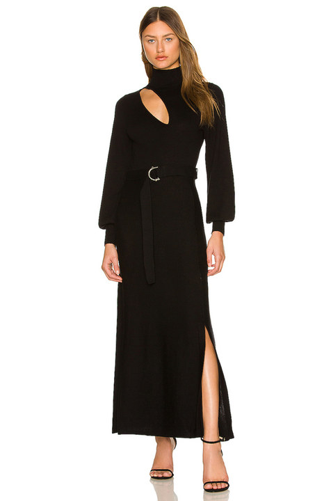 Aga Knit Mock Neck Long Sleeve Midi Dress with Cutout & Belt展示图