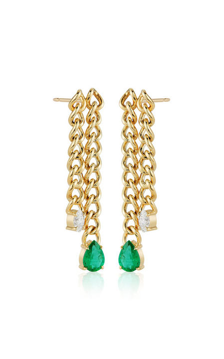 One of a Kind 18K Yellow Gold Toujours Zambian Emerald & Diamond Double Chain Earrings展示图