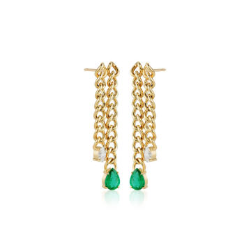 One of a Kind 18K Yellow Gold Toujours Zambian Emerald & Diamond Double Chain Earrings