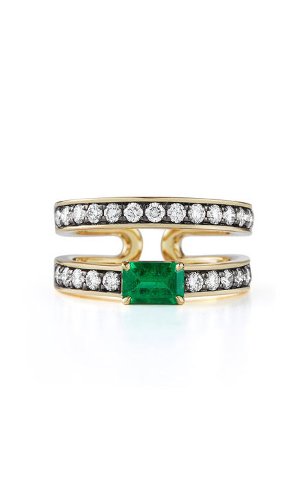 18K Yellow Gold Prive Zambian Emerald & Diamond Double Band Ring展示图