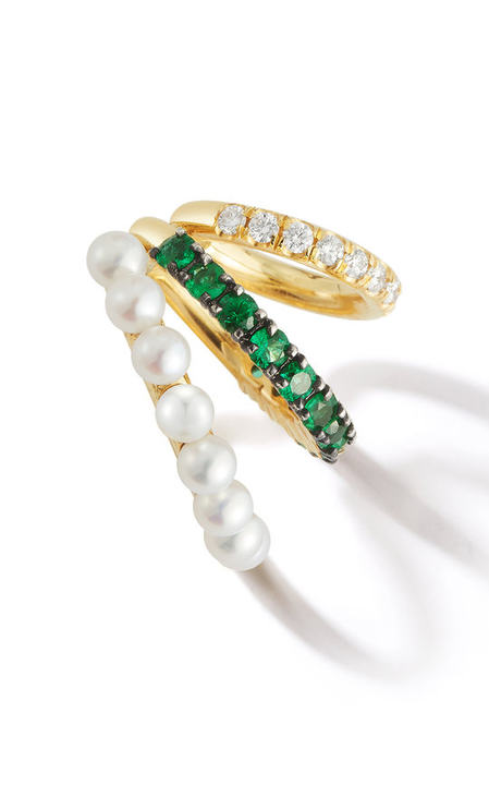 18K Yellow Gold Prive Pearl Emerald & Diamond Triple Earcuff展示图