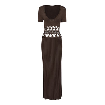 Crochet-Trimmed Knitted Pleated Maxi Dress