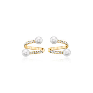 18K Gold Pave Diamond Coil Earrings with Pearl Ends