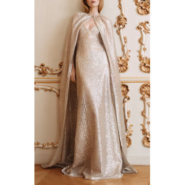 Embroidered Sequin Slip Gown