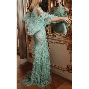 Feathered Silk Capelet Gown