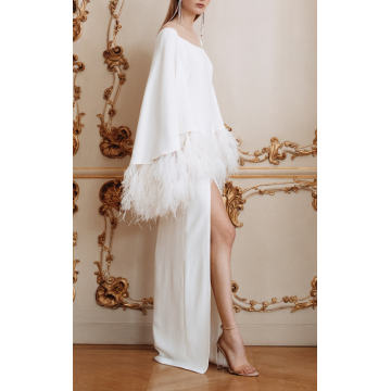 Off-The-Shoulder Feather-Trimmed Gown