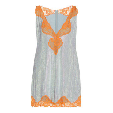 Lace-Trimmed Crystal-Embellished Silk Mini Dress