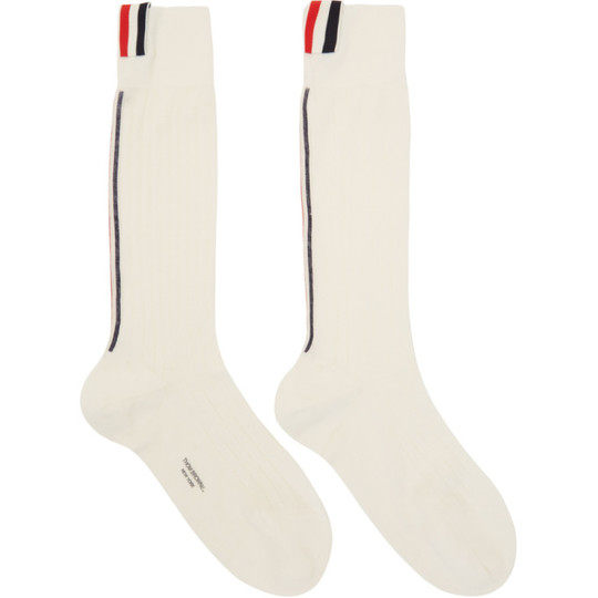 White Merino Vertical Stripe Ribbed Socks展示图