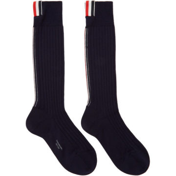Navy Merino Vertical Stripe Ribbed Socks