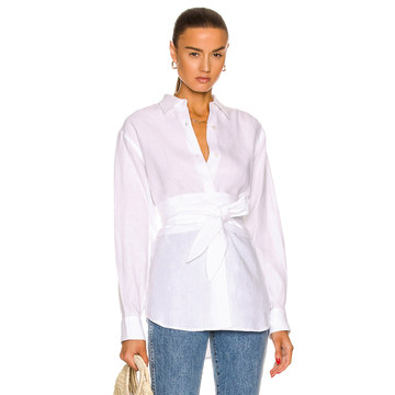 Dallas Linen Boyfriend Button Down with Obi Belt Top