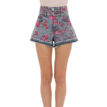 Floral-Printed Denim Mini Shorts