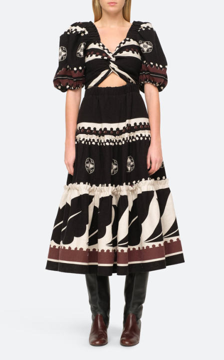 Liora Puff-Sleeve Linen-Cotton Midi Dress展示图