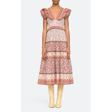 Ivette Flutter-Sleeve Smocked Cotton Midi Dress