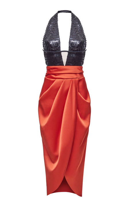 Draped Sequined Satin Midi Dress展示图