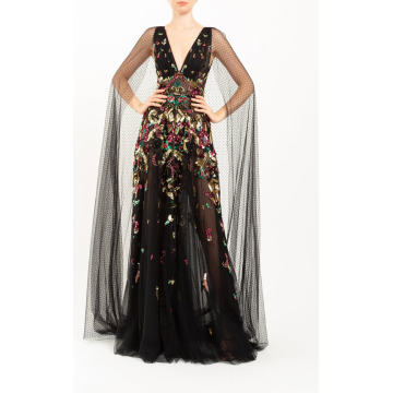 Lotta Embroidered Cape-Detailed Gown