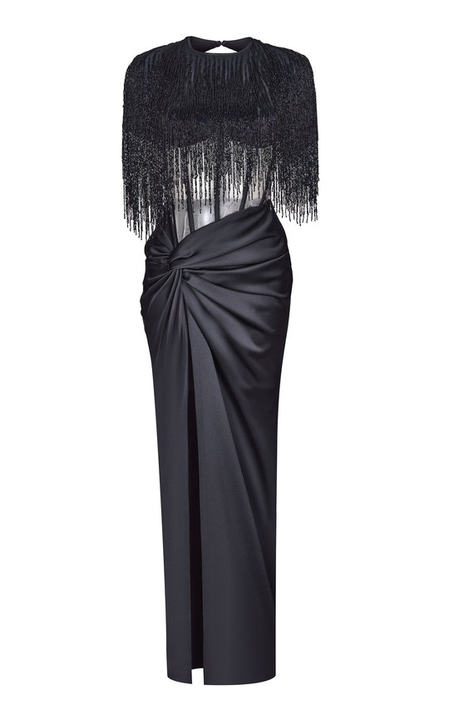 Satin Corset Maxi Dress With Beaded Fringe展示图