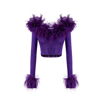 Feather-Trimmed Glittered Knit Corset Top