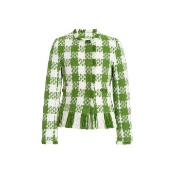 Fringe-Detailed Checkered Tweed Jacket