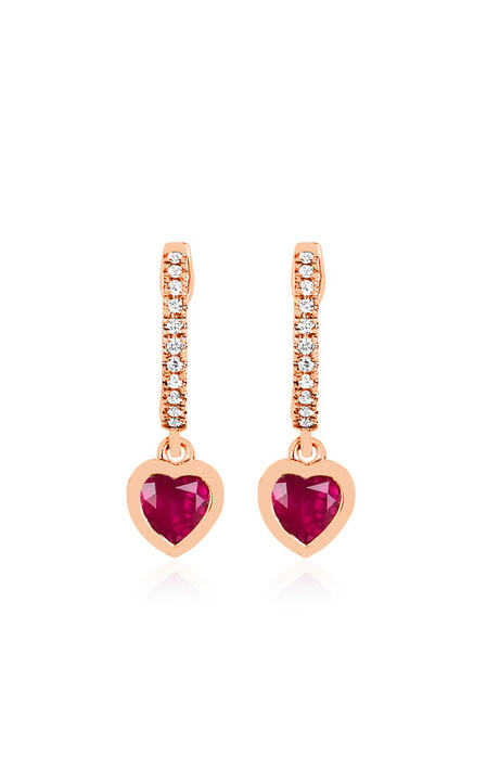 14K Rose Gold Diamond, Ruby Mini Huggie Earrings展示图