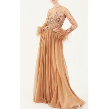 Feather-Trimmed Silk Gown