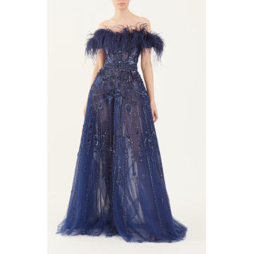Feather-Trimmed Off-The-Shoulder Gown