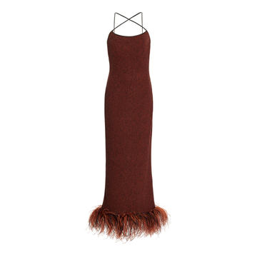 Arya Feather-Trimmed Ribbed-Knit Maxi Dress