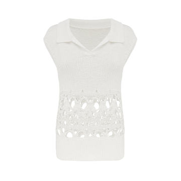 Crochet Cotton-Blend Polo Top