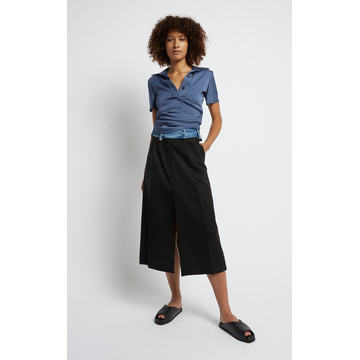 Deconstruct Denim-Waisted Wool Skirt