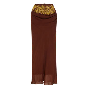 Embroidered-Hibiscus Silk Maxi Skirt