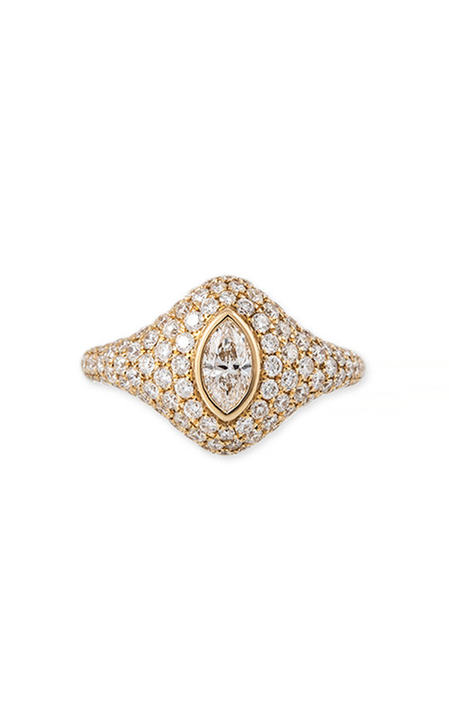 14k Gold Large Marquise Diamond Pave Signet Ring展示图