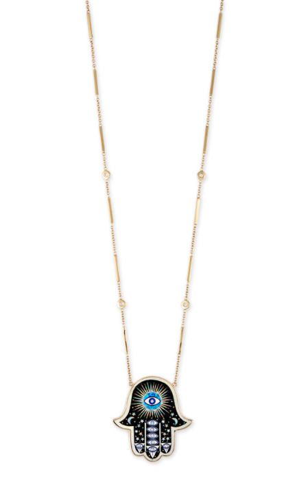 14k Gold and Inlay Diamond Galaxy Hamsa Necklace展示图
