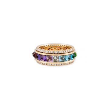 14k Gold Spike Spinner Ring in Rainbow Sapphires