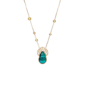 14k Yellow Gold Carnella Diamond Necklace with green Calcedony Scarab