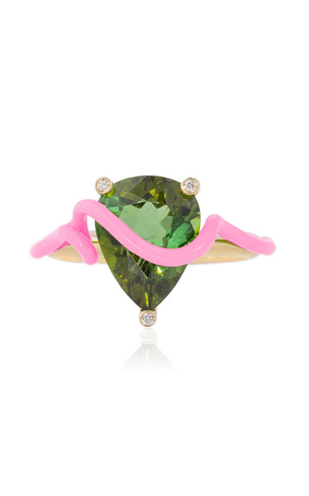 18k Yellow Gold Hermione Ring with Green Tourmaline and Bubblegum Enamel展示图