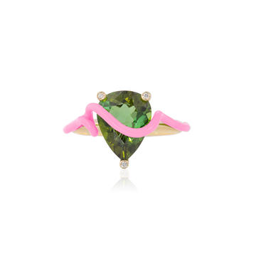 18k Yellow Gold Hermione Ring with Green Tourmaline and Bubblegum Enamel