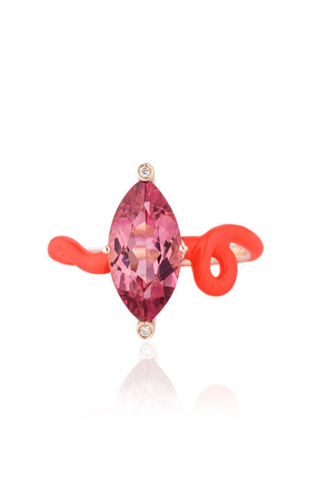 18k Yellow Gold Lisa Ring with Pink Tourmaline and Tangerine Enamel展示图