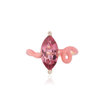 18k Yellow Gold Lisa Ring with Pink Tourmaline and Light Pink Enamel