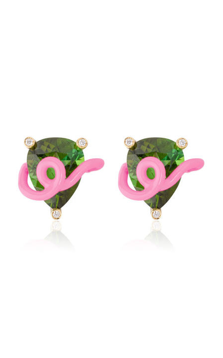 18k Yellow Gold Raven Stud Earrings with Green Tourmaline and Bubblegum Pink Enamel展示图