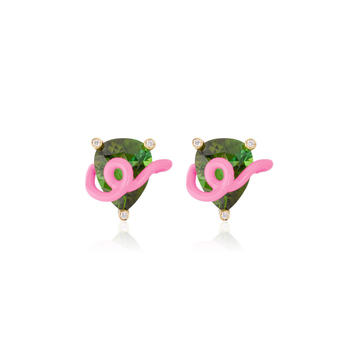 18k Yellow Gold Raven Stud Earrings with Green Tourmaline and Bubblegum Pink Enamel