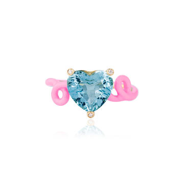 18k Yellow Gold Penny Ring with Aquamarine and Bubblegum Enamel