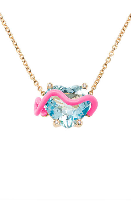 18k Yellow Gold Kat Necklace with Aquamarine and Bubblegum Pink Enamel展示图