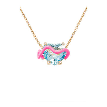 18k Yellow Gold Kat Necklace with Aquamarine and Bubblegum Pink Enamel