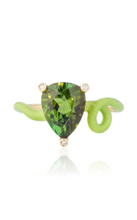 18k Yellow Gold Kim Ring with Green Touramline and Lime Green Enamel展示图