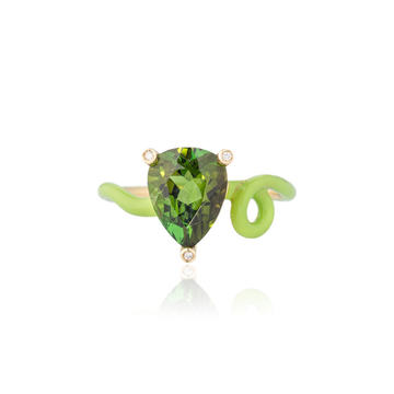 18k Yellow Gold Kim Ring with Green Touramline and Lime Green Enamel