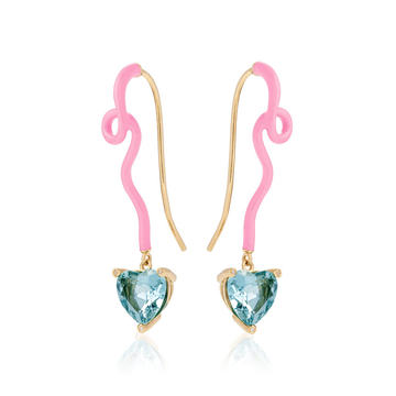 18k Yellow Gold Gwen Pendant Earrings with Aquamarine and Bubblegum Pink Enamel