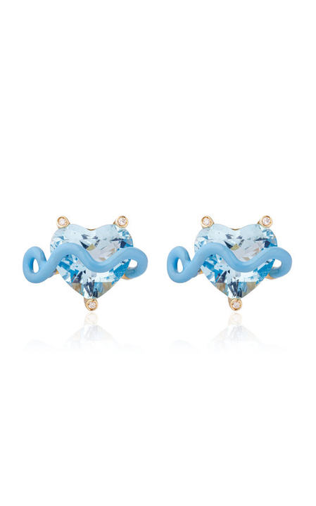 18k Yellow Gold Lizzie Stud Earrings with Aquamarine and Baby Blue Enamel展示图